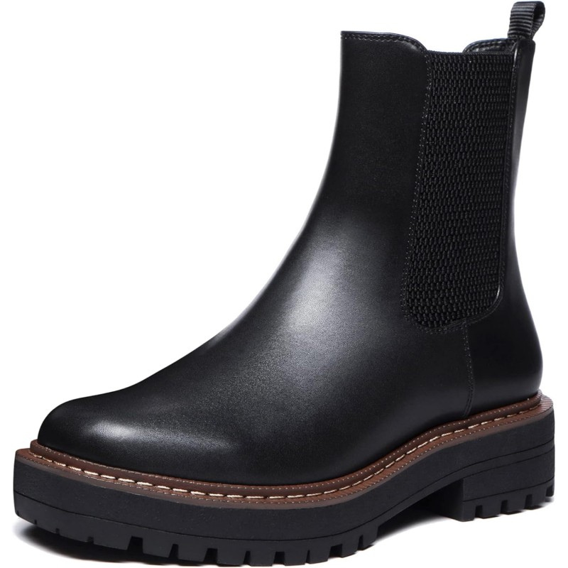 SHOBOO Women's Black Chelsea Platform Ankle Boots - Chunky Heel, Lug Sole, Elastic Side Panels - View #12